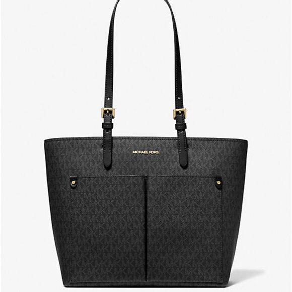 New Michael Kors Jet Set Travel Medium Double Pocket Logo Tote Black - Picture 1 of 3